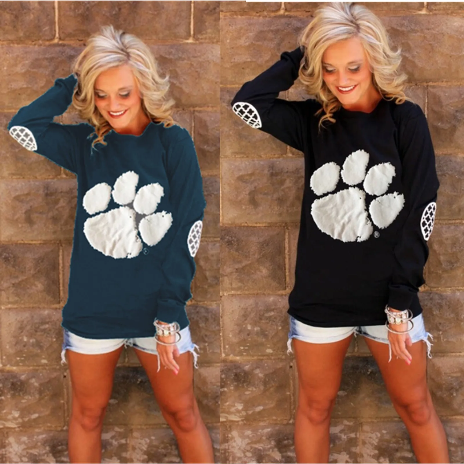 2018 Spring New Women Clothing Fashion Bears Paw Printed Long Sleeve Hoodies T Shirt Female O-Neck Cotton Tops Tees High Quality