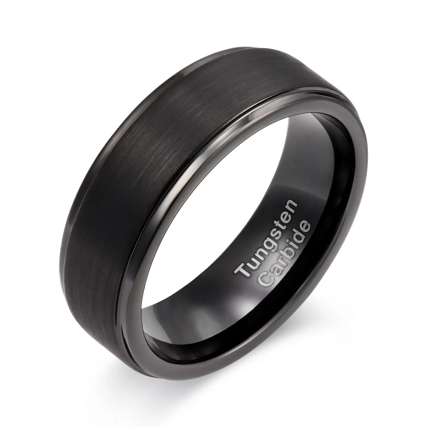 8mm Black Tungsten Carbide Amazon Ring Stepped Edges Brushed Center