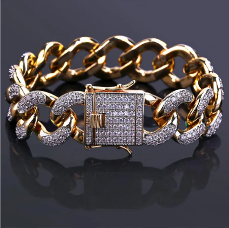 Mens 18mm 22.5CM Top Quality Full Bling Zirconia Triple Lock Luxury Bracelet Hiphop 18K Gold Plated Luxury Jewelry