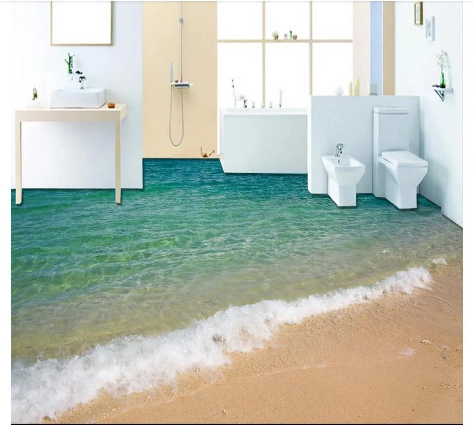 Fotoanpassad 3D-golv tapet PVC slitna icke-halkvattentät förtjockad självhäftande väggmålning 3D Seaside Wave Beach Floor Painting