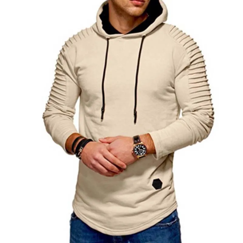 Solid pleated sleeve hem sales curved long fleece hoodie