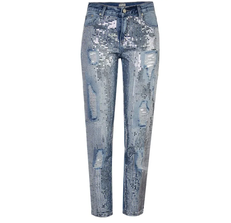 Niñas Moda Lentejuelas Rip Jeans Mujer Diseñador Bling Bling Ripped Recortada Jeans Straight Mid Waist Light Blue XS-2XL SZ