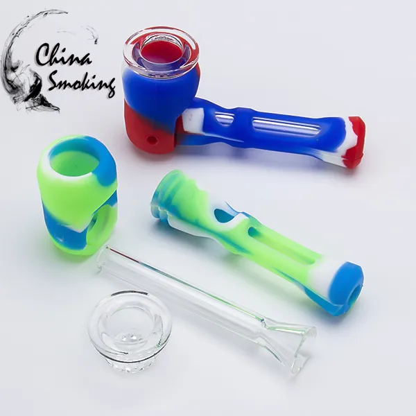 Smoking Silicone Hand Pipe with Glass Downstem &Glass Bowl Bongs For Oil Rigs