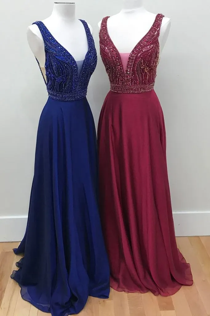 New Arrival 2018 Royal Blue Burgundy Prom Dresses Deep V Neck Otwórz z Beaded Cekiny Najlepsze Szyfonowe Długie Wieczór Formalne Suknie Pagewne