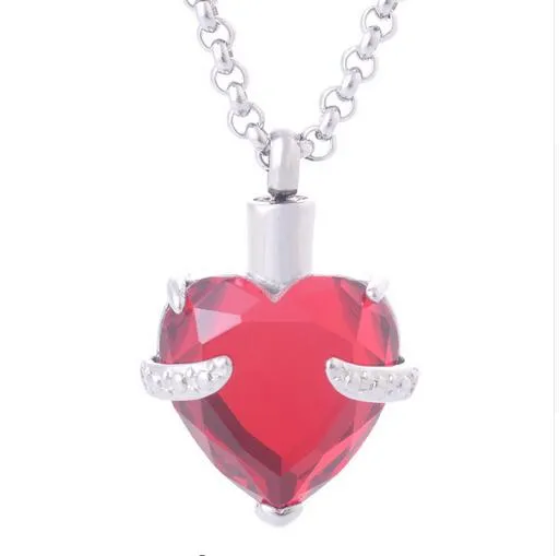 Atacado Personalizado Gemstone Heart-shaped perfume garrafa de aço inoxidável colar comemorativo animal de estimação cão cremação urna funeral jóias pingente