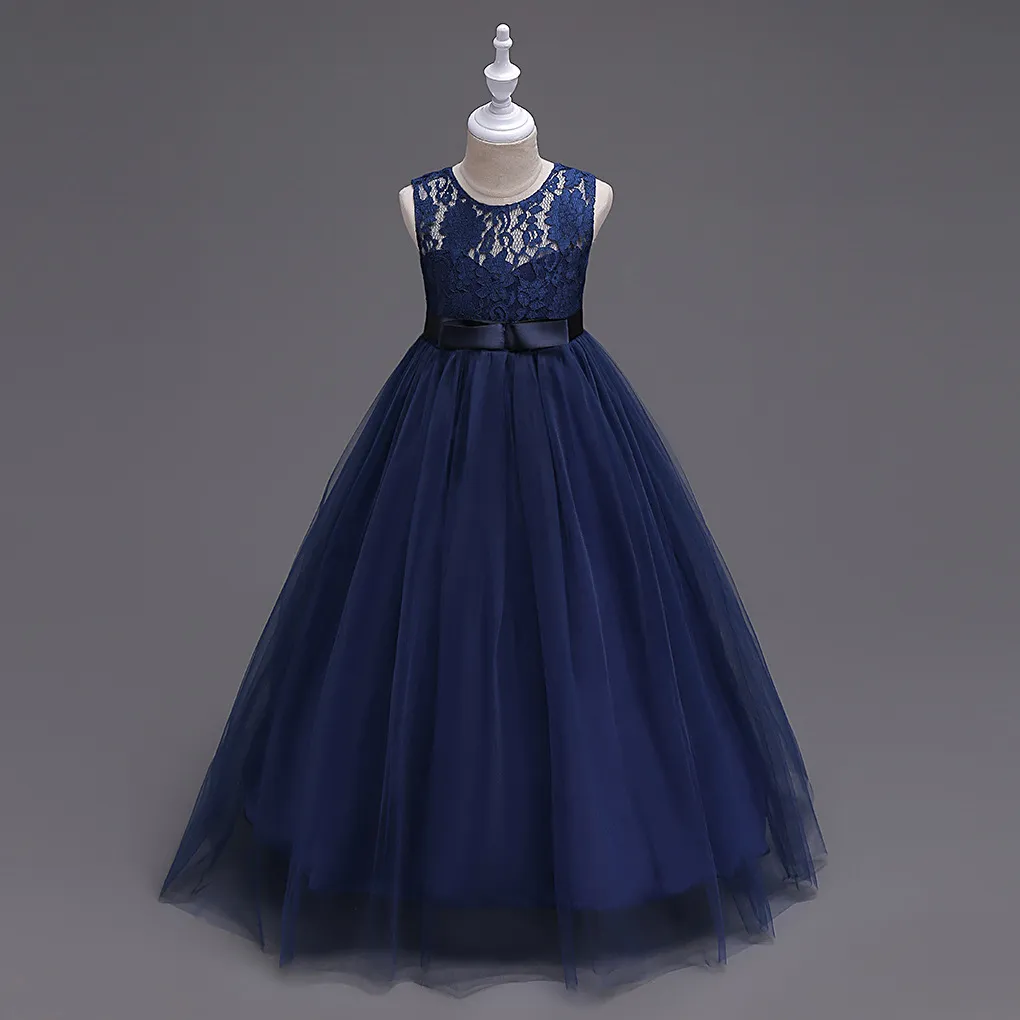 Robes de fille de fleur en tulle bleu marine véritable avec nœud une ligne longueur de plancher enfants filles Pageant 2019 robes de sainte première communion en dentelle vintage