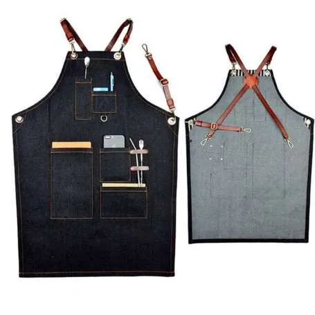 Unisexe Denim Bib Tablier Bracelet En Cuir Barista Baker Uniforme De Travail pour Barman BBQ Chef Cuisinier Ménage Outils De Nettoyage Supplies211f