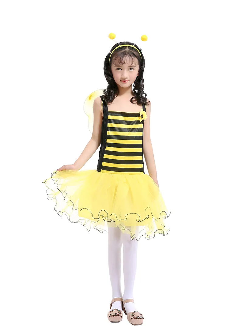 Little Bee Girls Siling Dress Yellow Yarn Patchwork Tutu Gonna con Yellow Wing + Headband Princess Dress Suits Costume bambini di Halloween