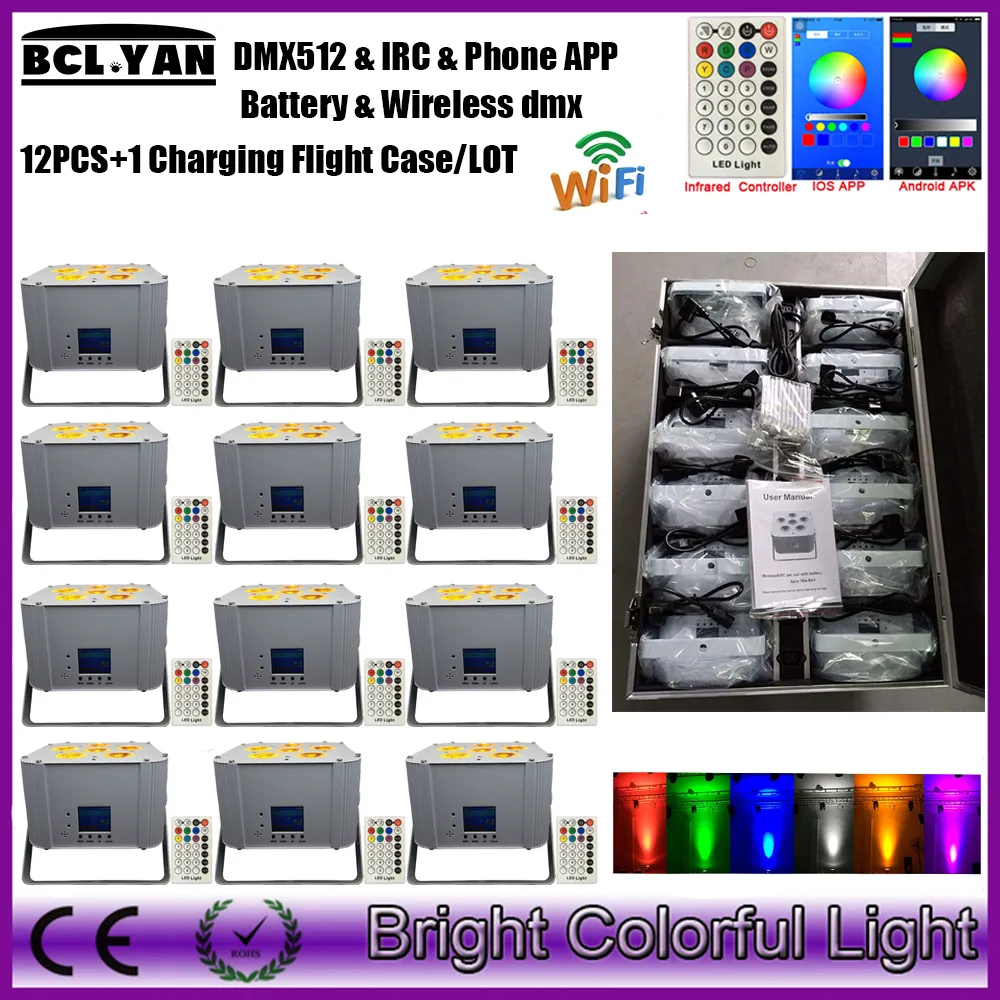 الأحدث بسهولة تشغيل البطارية اللاسلكية DMX IRC LED يمكن مع تطبيق الهاتف 6PSC 18W RGBWA+UV 6 في 1 LED LED 12XLOT