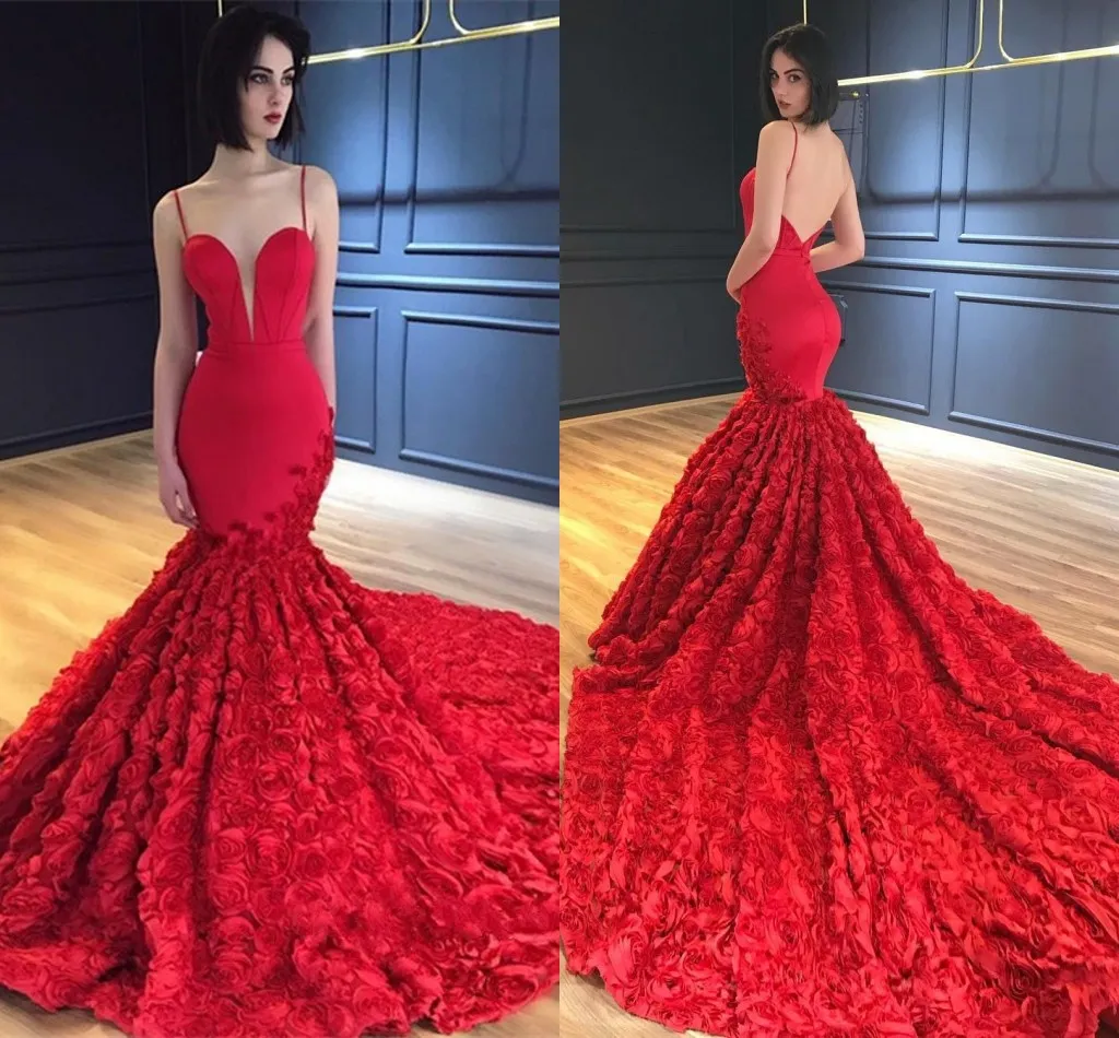 Red Flowers Mermaid Backless Evening Dresses Sweetheart Spaghetti Straps Satin Formal Evening Gowns Long Prom Dresses Sweep Train