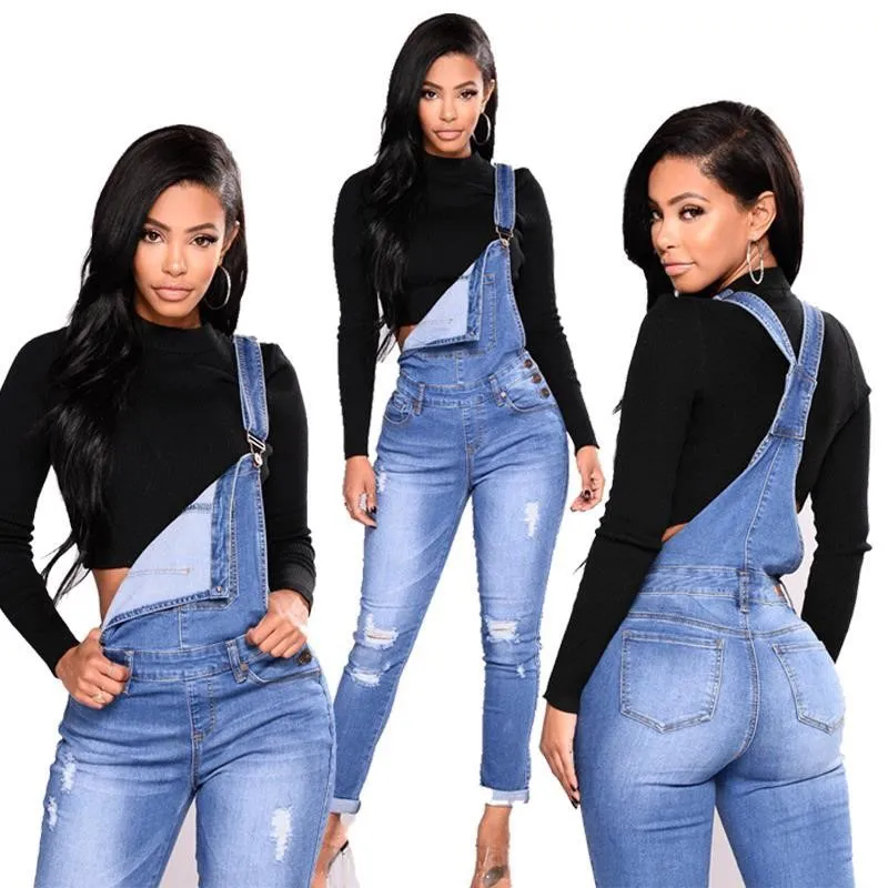 Europe and America Grinding fashion overalls stretch jeans ripped washed plus size S to 3XL women's pants