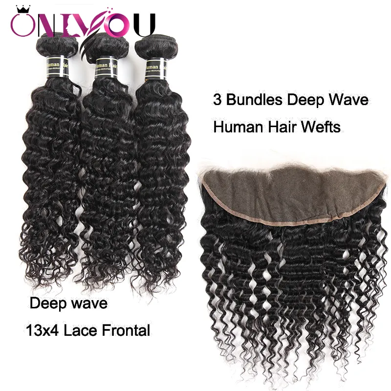 Peruviska jungfruliga hårbuntar med stängning Deep Body Wave Human Hair Weave 3 Bunds och 13x4 spets frontala stängningsvattenvåg Kinky9682100