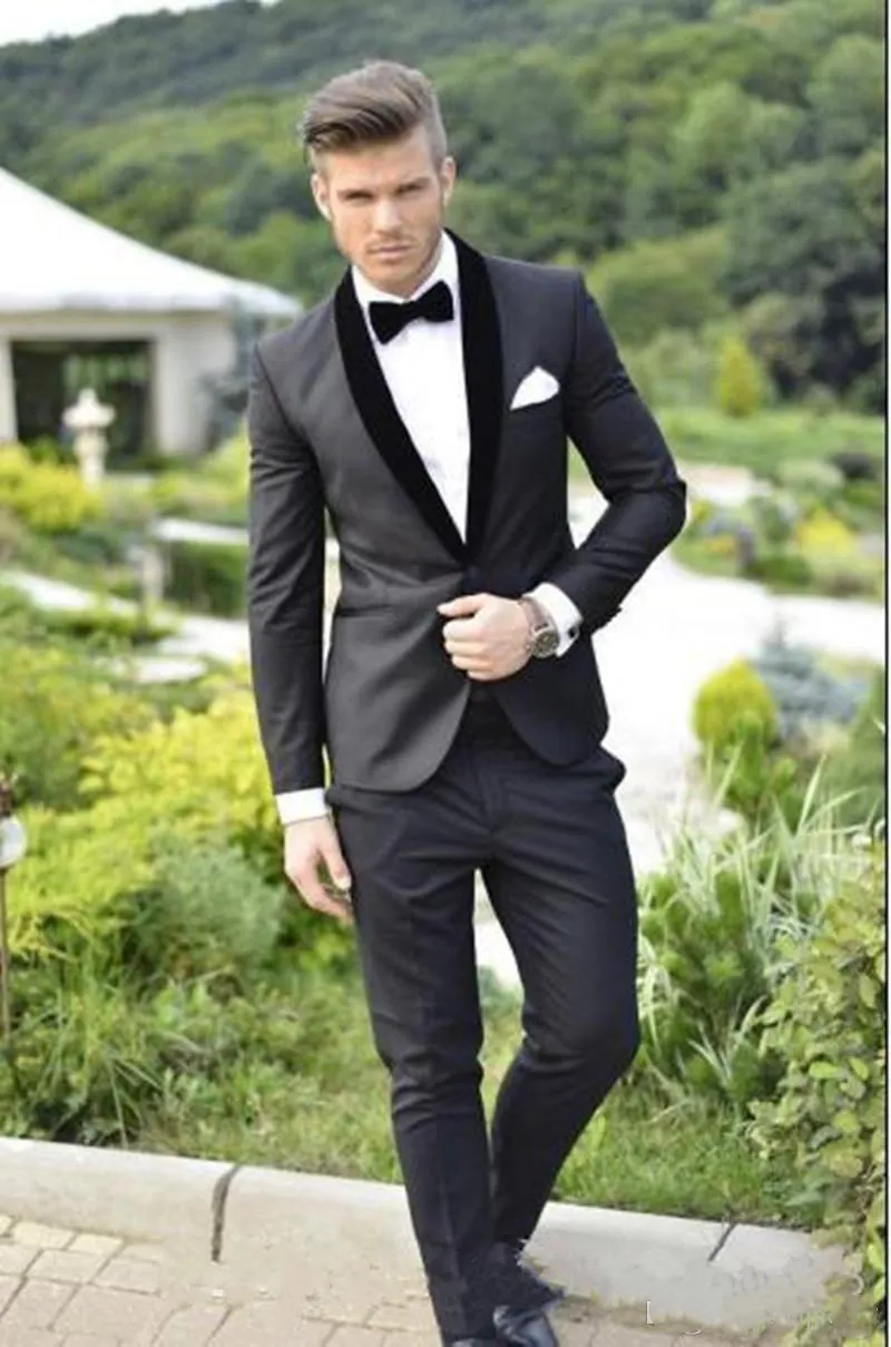 2 Pieces Black Groom Suits Wedding Tuxedos Fashion Prom Party Men Suits Shawl Lapel Groomsman Bridegroom Suits Coat Pants
