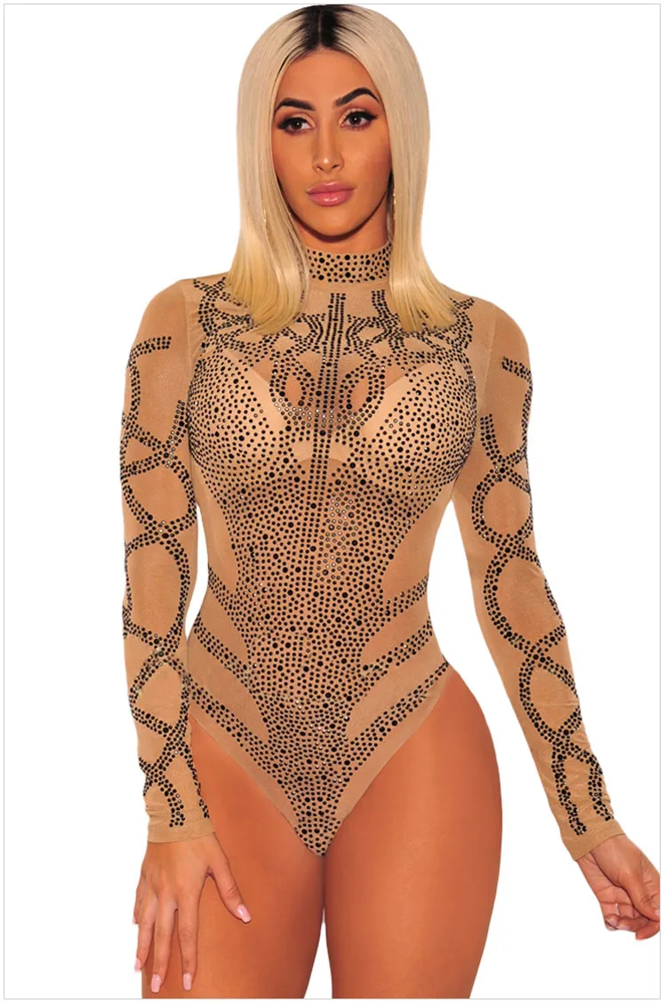 Seksi Turtleneck Rhinestone Mesh Bodysuit Kadınlar Jumpsuit Parti Vücut En Pullu Bodysuit Leotard Haki Kara DLM32210