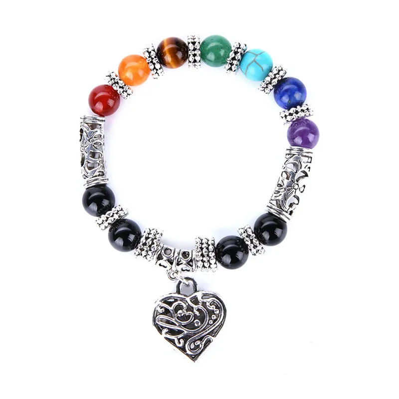 7 Yoga Chakra Heart Charm Strand Armband Pärled Ancient Silver Natural Stone Armband Bangle Cuff armband för kvinnor Män Fashion Jewelry