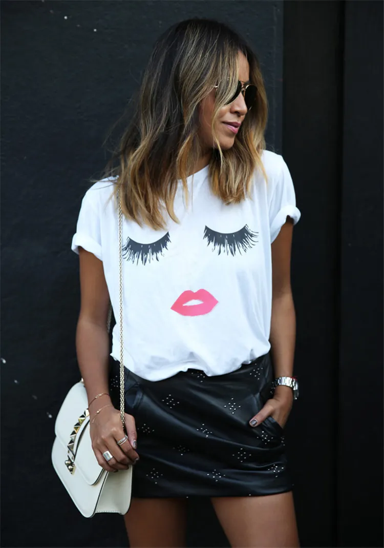 여름 여성 블랙 화이트 티셔츠 패션 Eyeflash 입술 인쇄 탑스 반팔 티 티셔츠