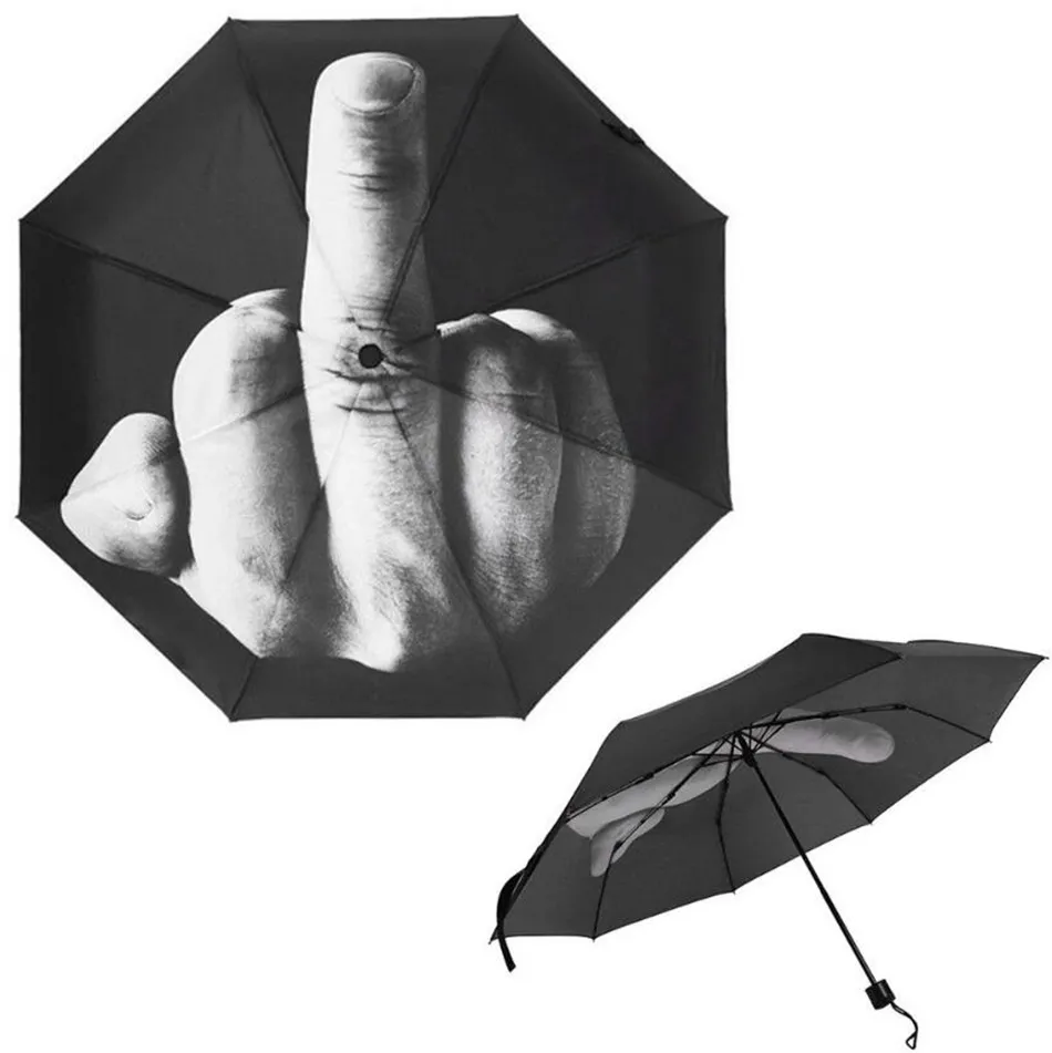 Middle Finger Umbrella Rain Windproof Up Yours Umbrella Creative Folding Parasol Fashion Impact Black Umbrella OOA4505