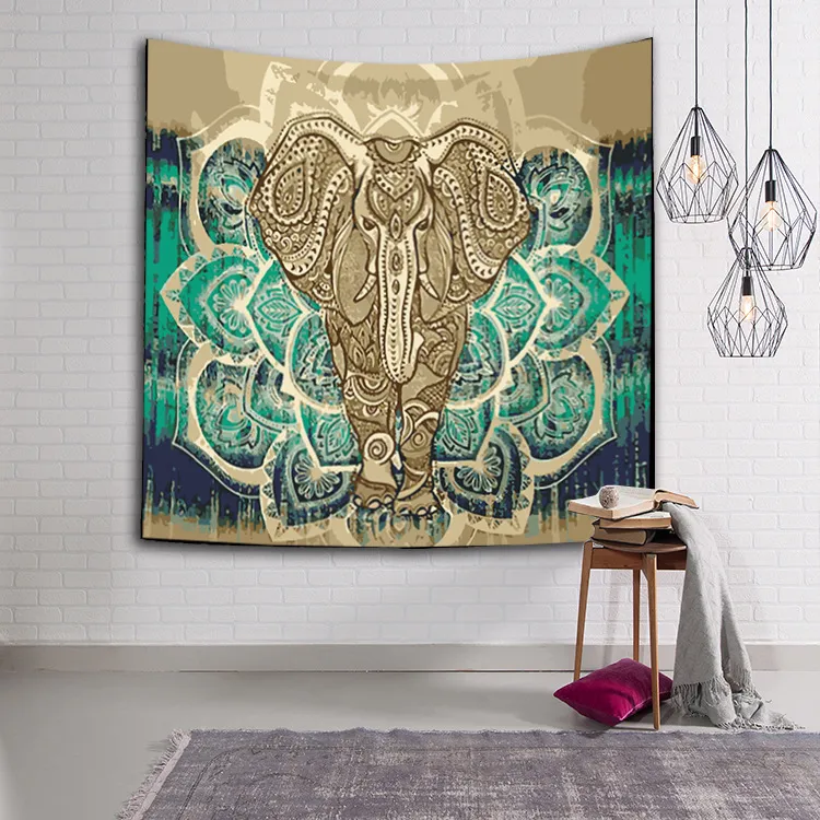 Indien Éléphant Tapisserie Aubusson Coloré Imprimé Décor Mandala Religieux Boho Mur Tapis Bohême Plage Couverture 150x130cm