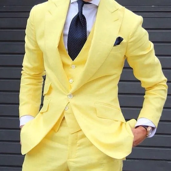 New Handsome Peakedl Risvolto One Button Giallo brillante Matrimonio Uomo Abiti migliori Smoking Uomo Party Groomsmen Abiti (Giacca + Pantaloni + Cravatta + Gilet) NO; 206