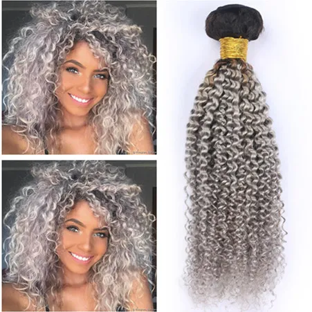 Curly bouclé péruvien gris gris ombre humain tisser paquets 4pcs noirs et argent gris ombre vierge de cheveux humains extensions de trame