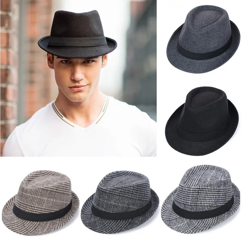 Unisex Wool Felt Fedora Hat With Band Classic Solid Plaid Jazz Church Top Caps Panama Bowler Brim Caps For Gentleman