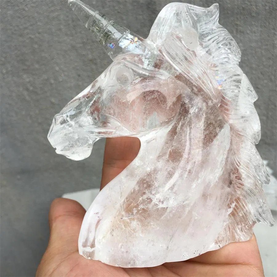 1 peça escultura manual natural transparente quartzo unicórnio caveira cristal cura para decoração de casa pedra crânio3061237