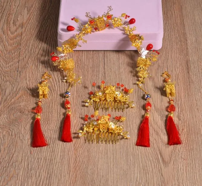 Costume de style nouveau, couvre-chef de mariée, accessoires pour cheveux chinois, ornements rouges de mariage, robe, dragon, Phoenix et accessoires de robe.