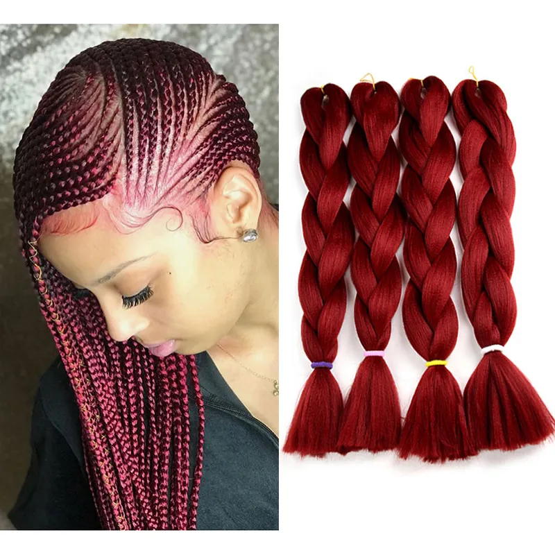 Cores de tranças jumbo #Burgundy Wine Red Kanekalon Crochet Braiding Hair Extensions 80g/piece Dobrado 24 Polegadas Kanekalon Braiding Hair