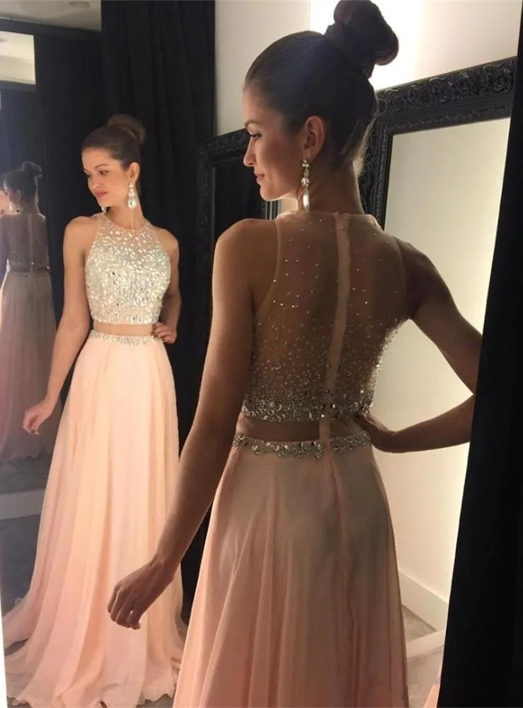 New Two Pieces Prom Dresses Jewel Neck Yellow Peach Chiffon Long Crystal Beads Open Back Party Dresses A-Line Evening Gowns HY1025