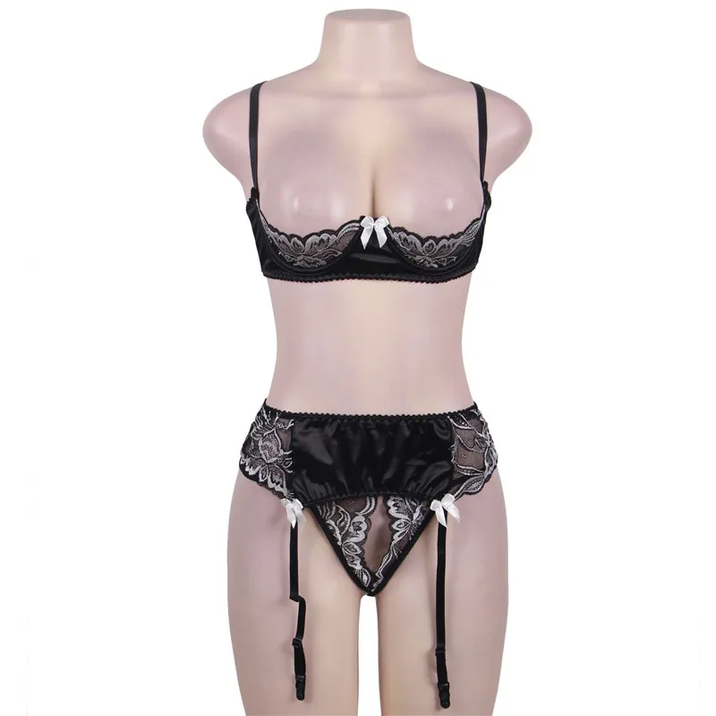 Plus Size Women Bra Panty Sets With Garter Belts Sexy Lace Lingerie