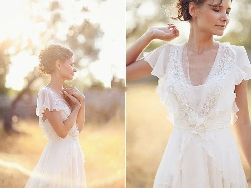 Summer Chiffon A-line Boho Wedding Dresses With Flutter Sleeves Sexy Deep V Neck Short Train Informal Reception Gown Rehearsal Dinner