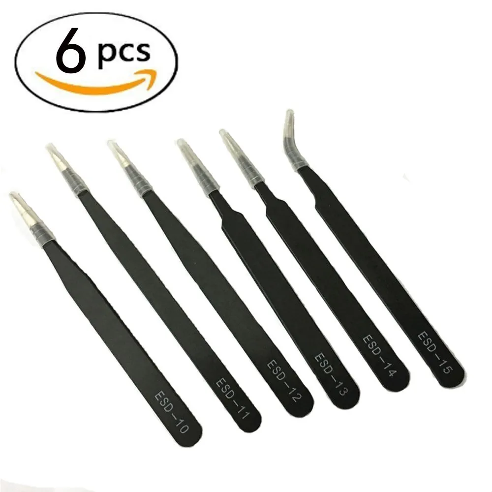 6 stks ESD-pincet Set Professionele roestvrijstalen schuine tip pincet, precisie Sharptweezers De perfecte combinatie, schoonheid wenkbrauw pincet