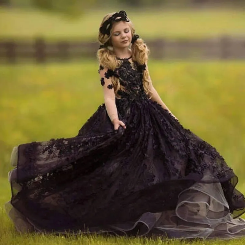 Mode Black Lace Flower Meisjes Jurken Lange Mouwen 3D Applicaties Puffy Ball Gown Couture Pageant Jurk voor meisjes op maat gemaakte verjaardagskleding