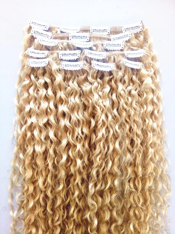 Brasiliansk Human Virgin Remy Blond Hår Curly Clip In Haft Weft Soft Double Drawn Hair Extensions Obehandlade