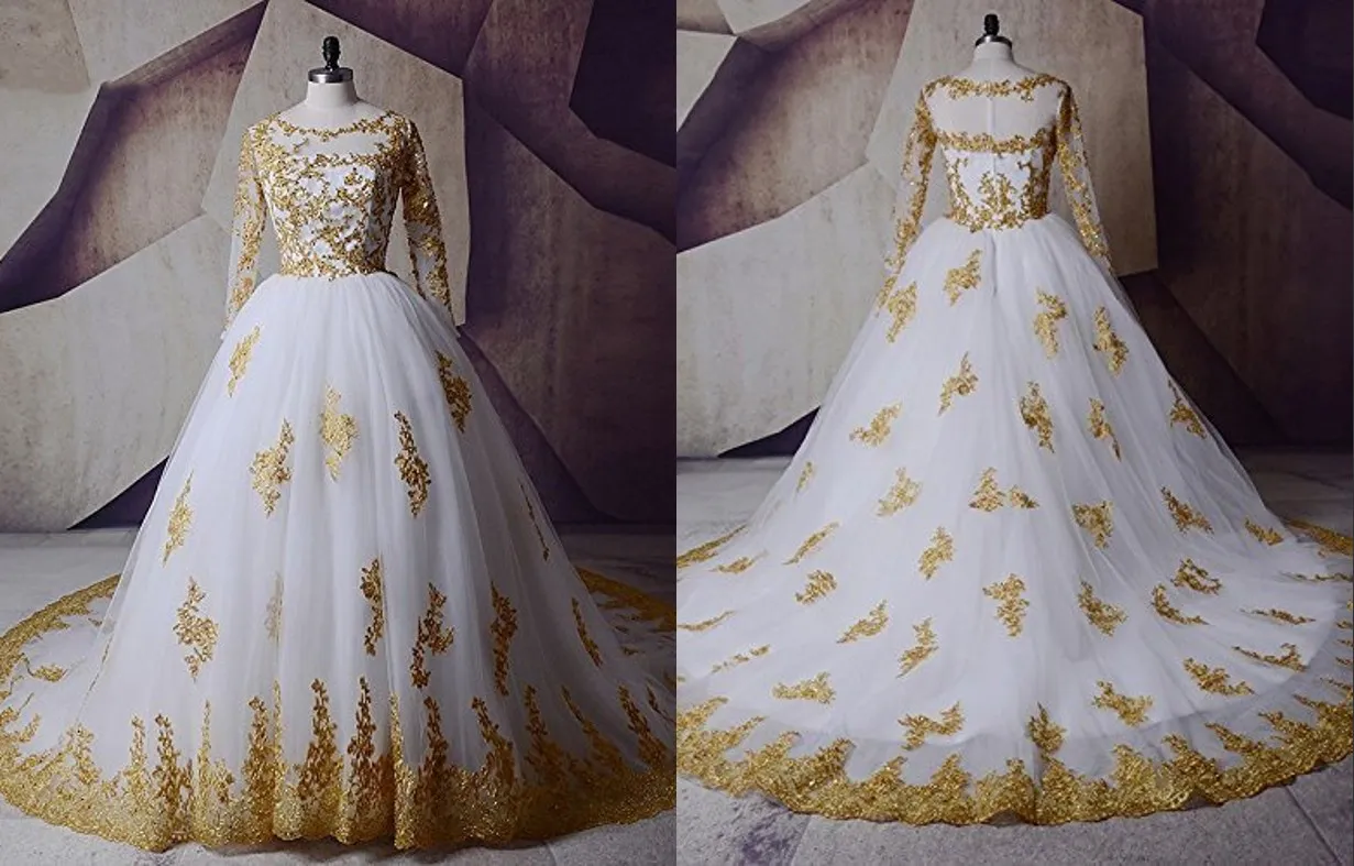Stunning Whit Gold Lace Ball Gown Wedding Dresses Bridal Gowns Long Sleeves Applique Real Photos Illusion Beads vestido de novia