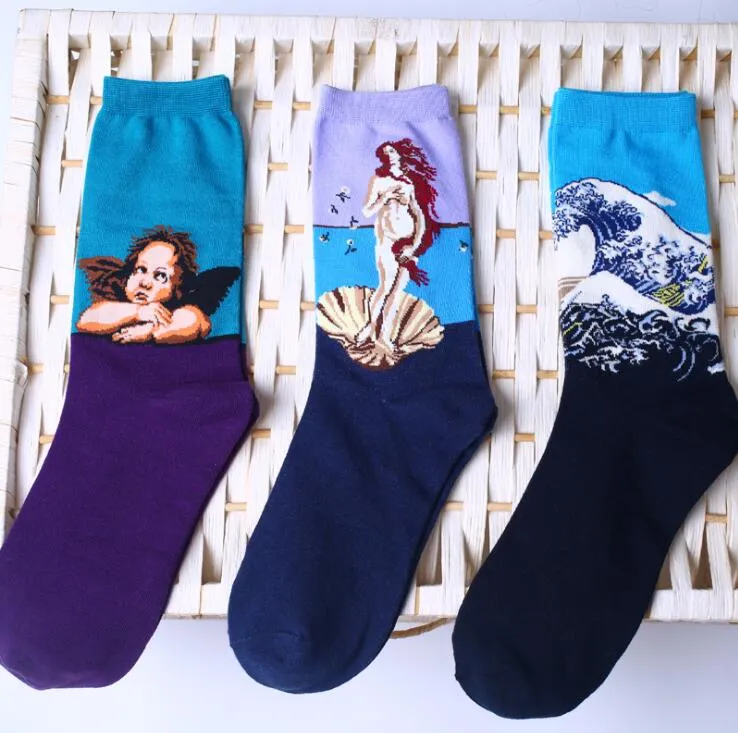 Novelty Famous Oil Painting Art Socks Women Men Street Graffiti Van Gogh Mona Lisa Long Sock summer Autumn Cotton socks hiphop socks