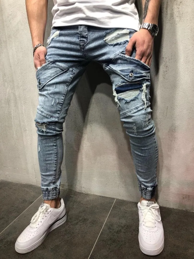 2018 Ny mode varm försäljning kvalitet bomull bekväma män jeans mager personlighet blå slim förstörda swag hiphop manliga byxor