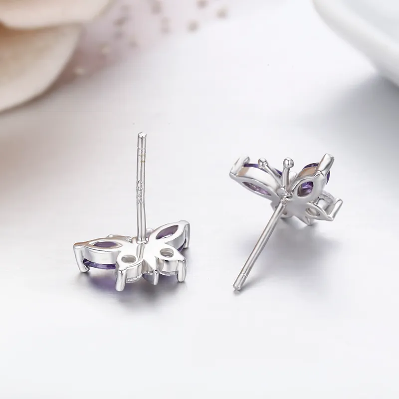 Cute 925 Sterling Silver Butterfly Purple 7 White CZ Stud Earrings For Women Children Girls Kids Jewellery Orecchini Aros Aretes