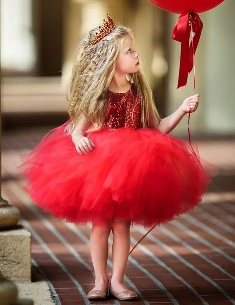 Robes de filles de fleur de paillettes de tulle rouge Tutu longueur au genou trou de serrure robe de bal petits enfants robes de fête d'anniversaire robes de bébé