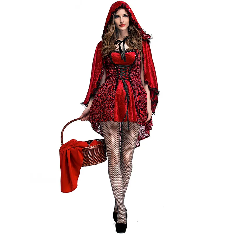 Fantaisies Adulte Femmes Carnaval Halloween Costume De Fête Conte De Fées Petit Chaperon Rouge Cosplay Robe Avec Capuche Cape Taille S-XL