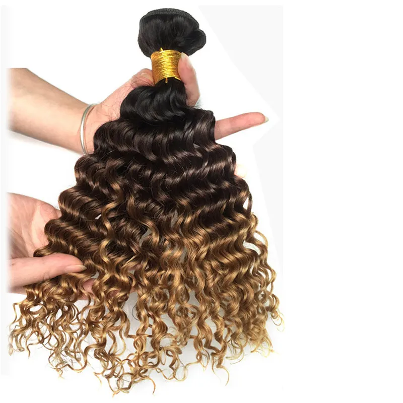 3 tonos 1B/4/27 # Deep Curly Dark Brown Blonde Paquetes de armadura de cabello humano Venta al por mayor de color brasileño Ombre Extensiones de cabello humano Ofertas