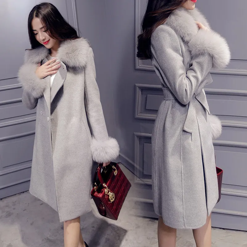 Cappotto lungo in lana elegante e alla moda con collo in pelliccia  staccabile Cappotto e giacca in misto lana Cappotti donna autunno inverno