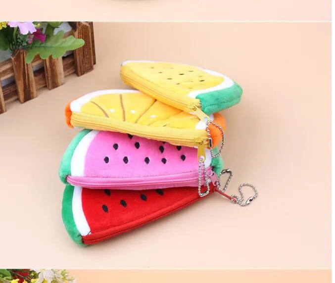 Plush zipper pencil bags for schools fruit pen pouch fashion lady makeup bag cosmetic holder cute kids coin purse