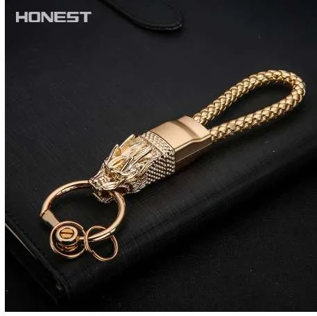 Märke ärlig drake nyckelringar män nyckelkedja bil nyckelhållare ring smycken väska hänge äkta läder rep present high end keychain