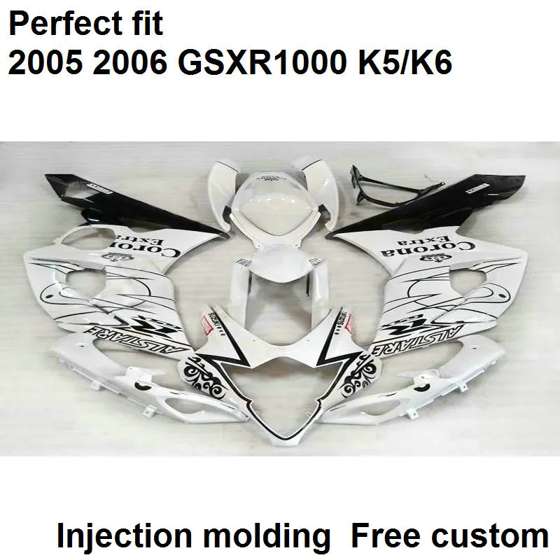 Eftermarknad Body Parts Fairings för Suzuki GSXR1000 2005 2006 Vit BIACK INJECTION MOLD FAIRING KIT GSXR1000 05 06 VB85