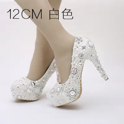 Fashion Luxurious Pearls Crystals White Wedding Shoes Size High Heels Bridal Shoes Party Prom Women Shoes 292n