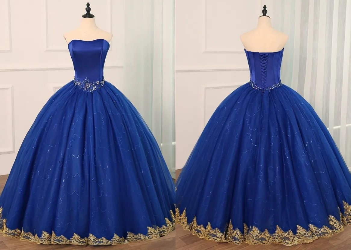 Royal Blue With Gold Applique Lace Quinceanera Prom Dresses Cheap Sweetheart Corset Sequins Beaded Sequined Tulle Vestidos 15 anos