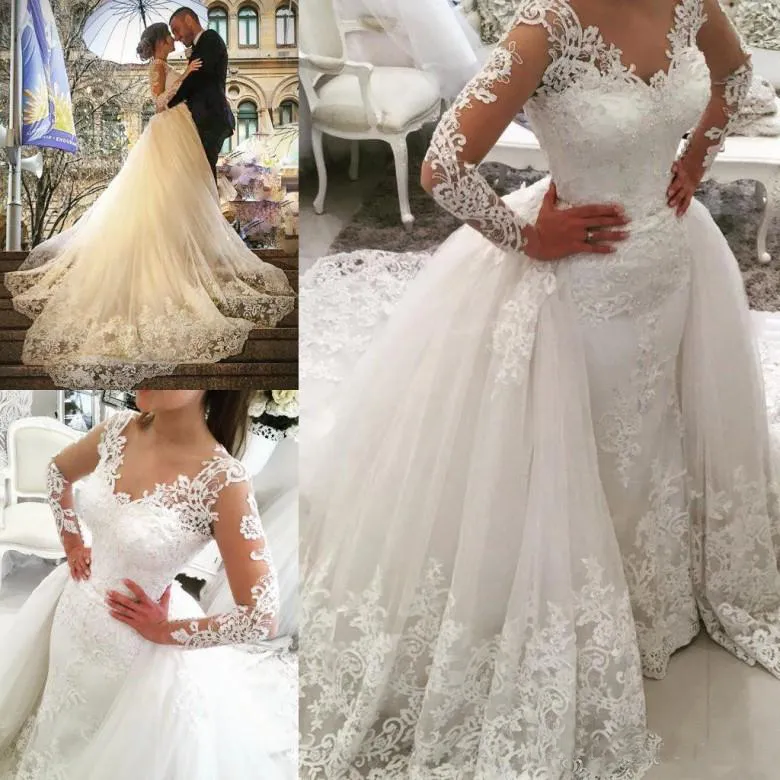 Modestos País ocidentais 2020 vestidos de casamento com destacável Train Lace manga comprida Vintage vestidos de noiva Plus Size Vestido de Novia