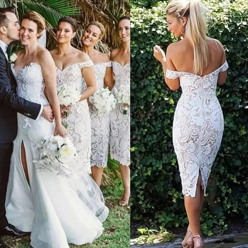 2018 Elegant Lace Short Bridesmaid Dresses Off Shoulder Sheath Knee Length Backless Ivory Nude Wedding Guest Dresses Short Bridal Dresses