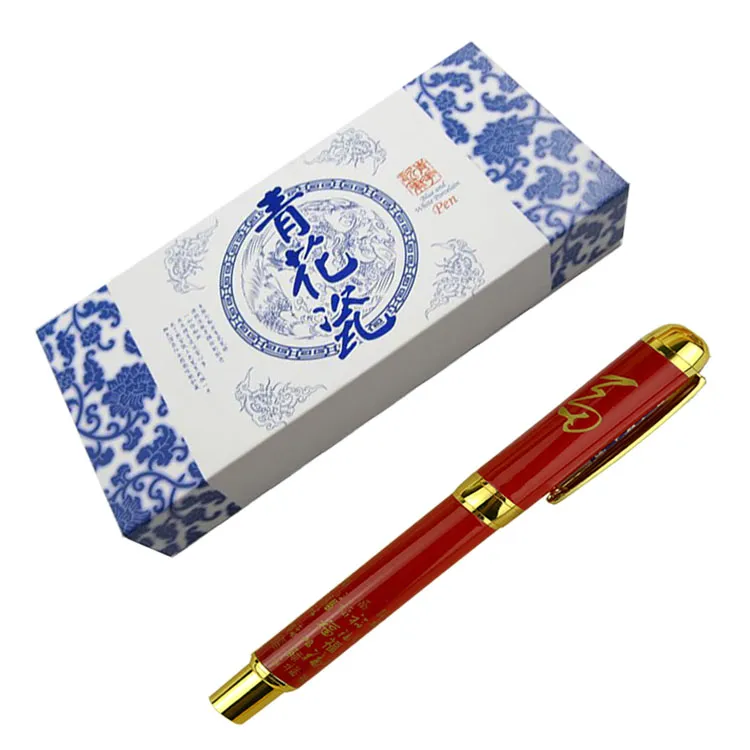 Vintage Chinese Ceramic Luxury Fountain Pen High Quality Blue and White Porcelain Business Gift Ink Pen with Hardcover Box